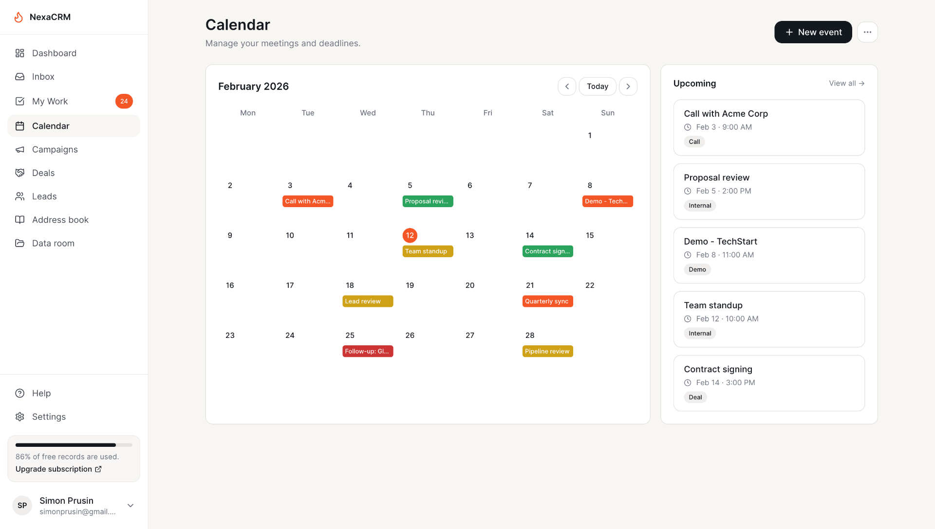 NexaCRM calendar with event scheduling