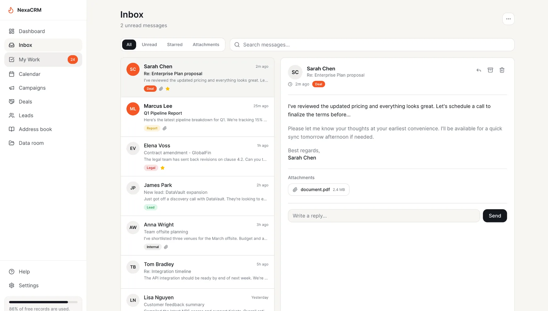 NexaCRM inbox with split-pane messaging