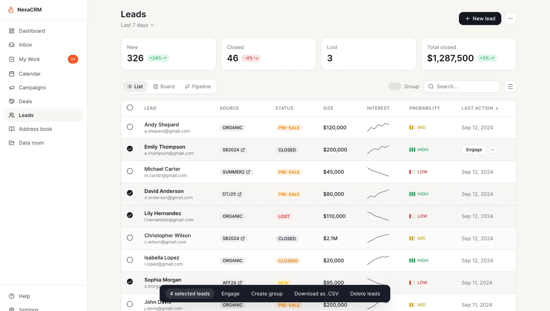 NexaCRM leads table with sparklines